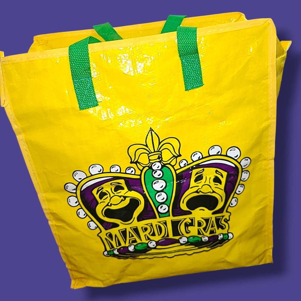 Mardi Gras Tote Throw‎ Bag Yellow Reusable Zipper Shopping Carnival Mask 16x13x7